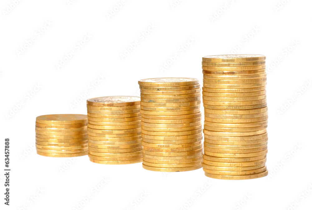 Savings, increasing columns of gold coins isolated on white back Savings, increasing columns of gold coins isolated on white back