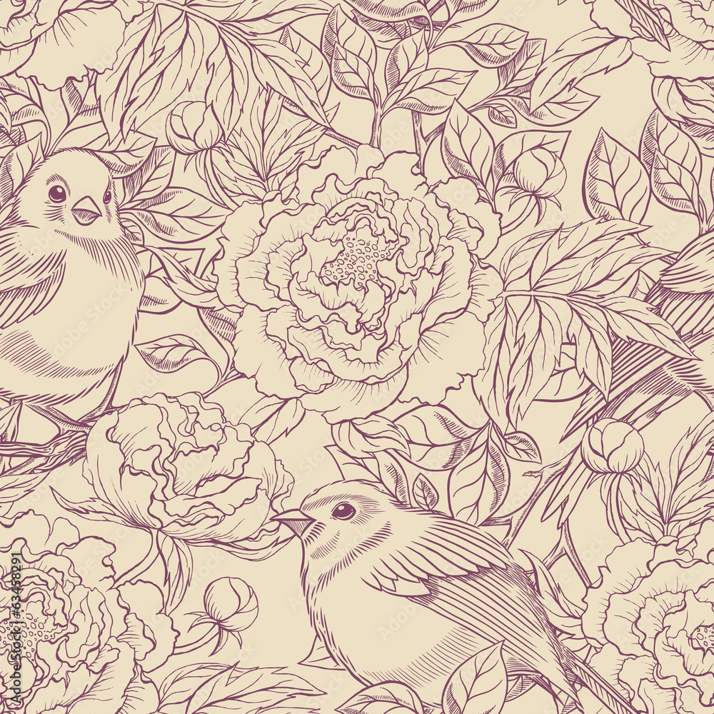 Fototapeta premium purple and beige birds and peonies