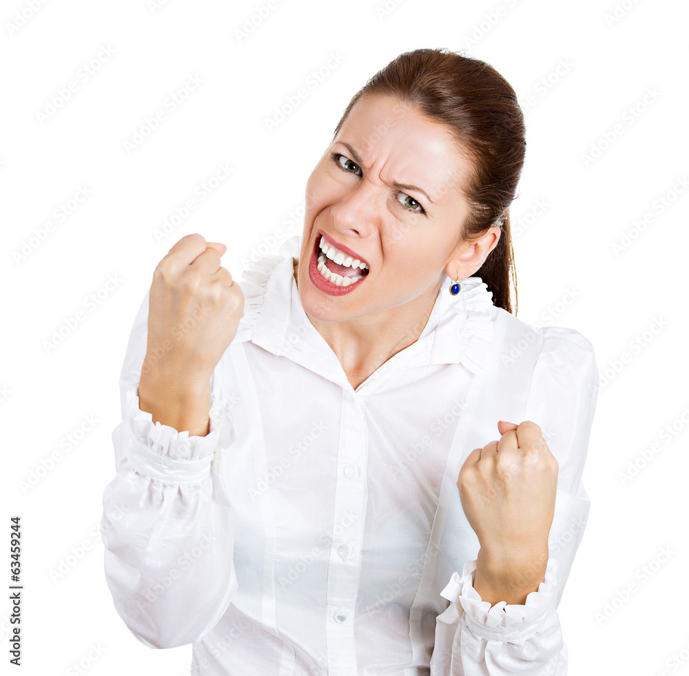 Upset angry, mad woman yelling and blaming someone