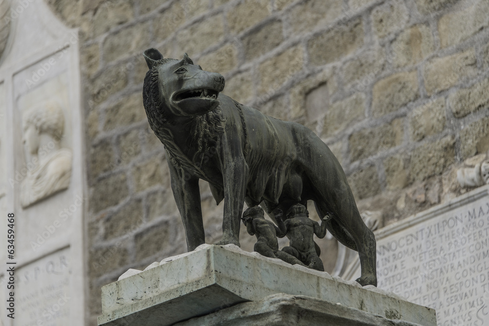 Sculpture of a mother-wolf feeding Romulus and Remus, Rome, Ital