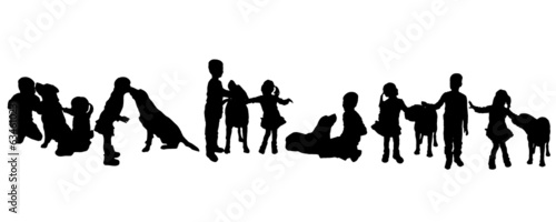 Vector silhouette of children with a dog.