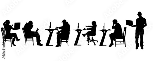 Vector silhouette of a people with a computer.
