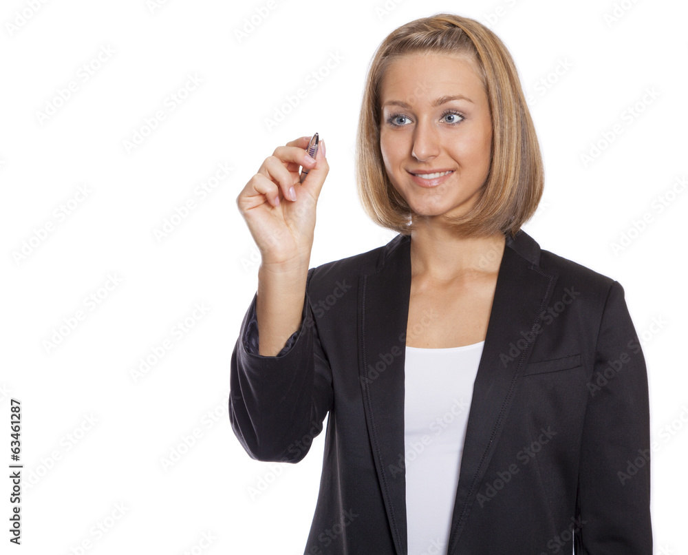 Caucasian blond business woman writing on white isolated backgro Caucasian blond business woman writing on white isolated backgro
