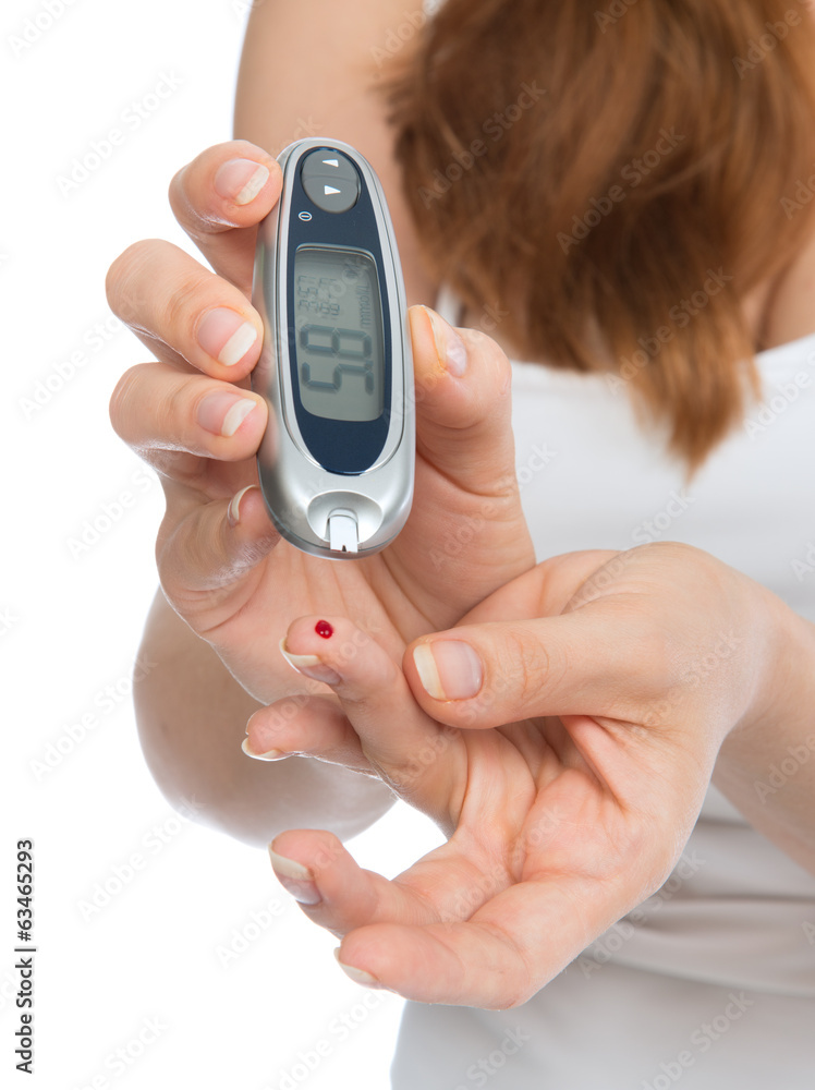 Diabetes patient measuring glucose level blood test with glucome Diabetes patient measuring glucose level blood test with glucome