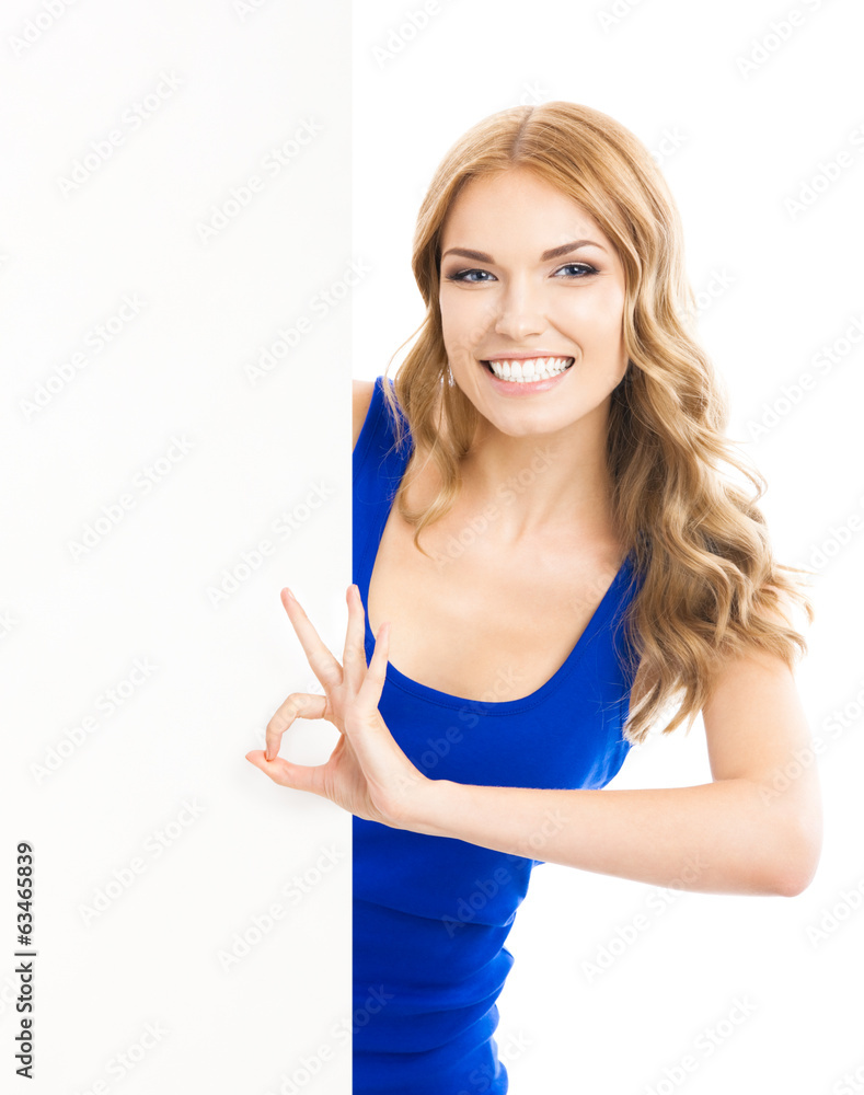 Woman showing blank signboard, on white Woman showing blank signboard, on white