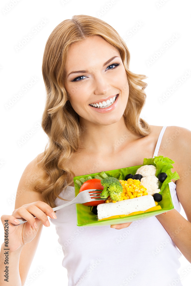 Woman with vegetarian salad, over white Woman with vegetarian salad, over white