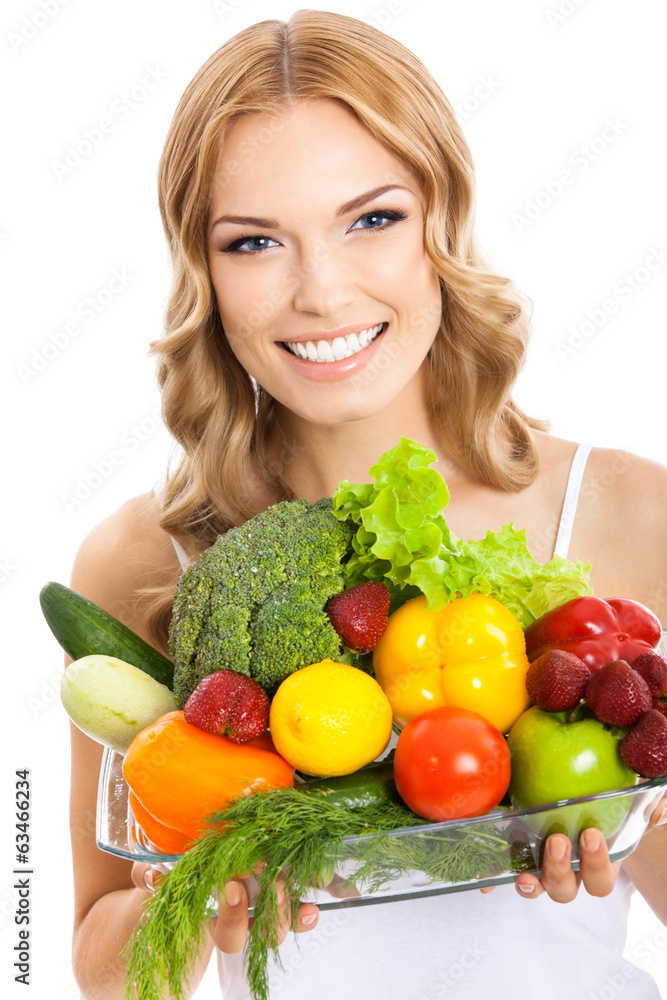 Young woman with vegetarian food, on white Young woman with vegetarian food, on white