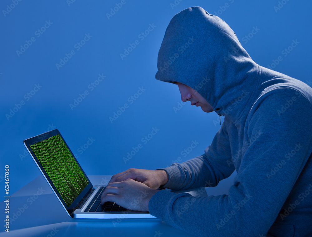 Naklejka premium Criminal Using Laptop To Steal Data