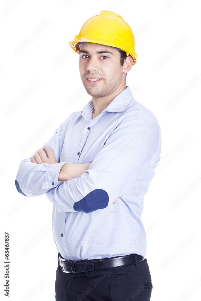 Portrait of a handsome engineer, isolated on white