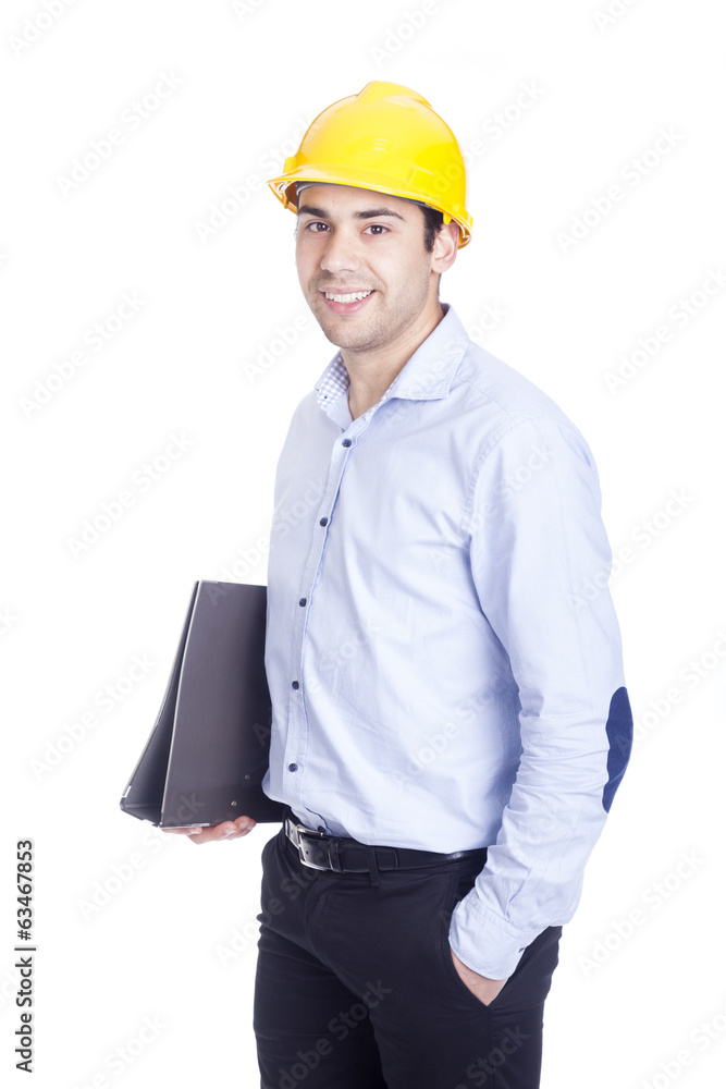 Portrait of a handsome engineer holding a folder, isolated on wh Portrait of a handsome engineer holding a folder, isolated on wh