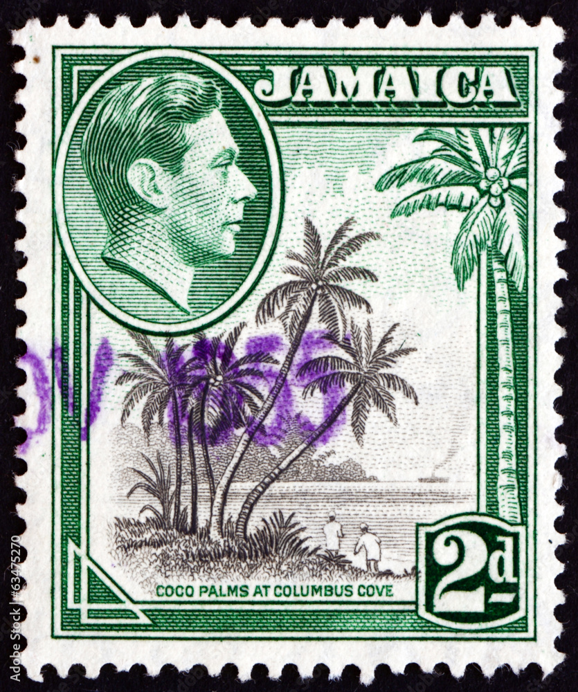 Obraz premium Postage stamp Jamaica 1938 Coco Palms at Columbus Cove