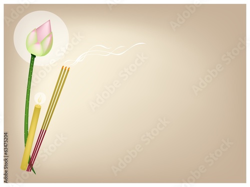 Lotus with Joss Sticks and Candle on Brown Background