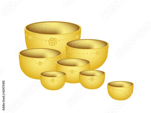A Set of Golden Bowls on White Background