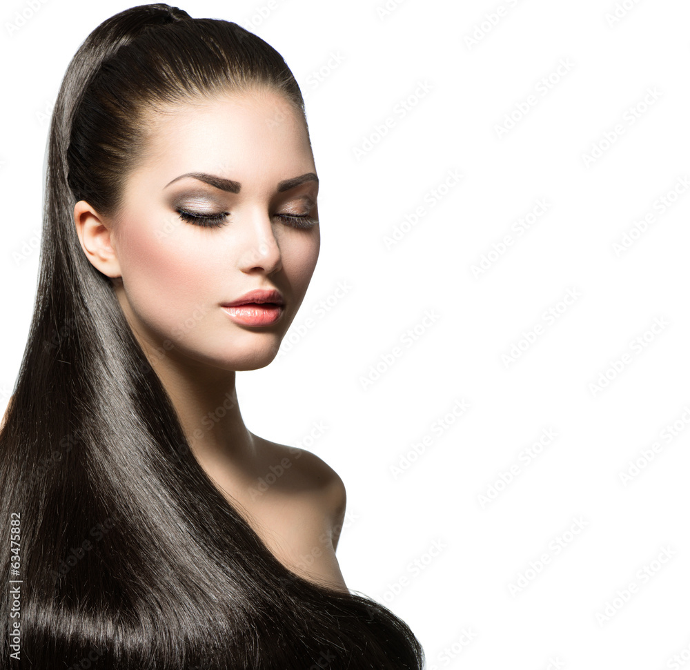 Naklejka premium Beautiful woman with brown long healthy smooth hair