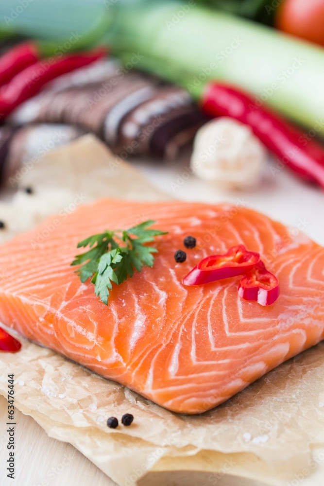 Raw fillets of red fish, salmon, cooking healthy diet dishes Raw fillets of red fish, salmon, cooking healthy diet dishes