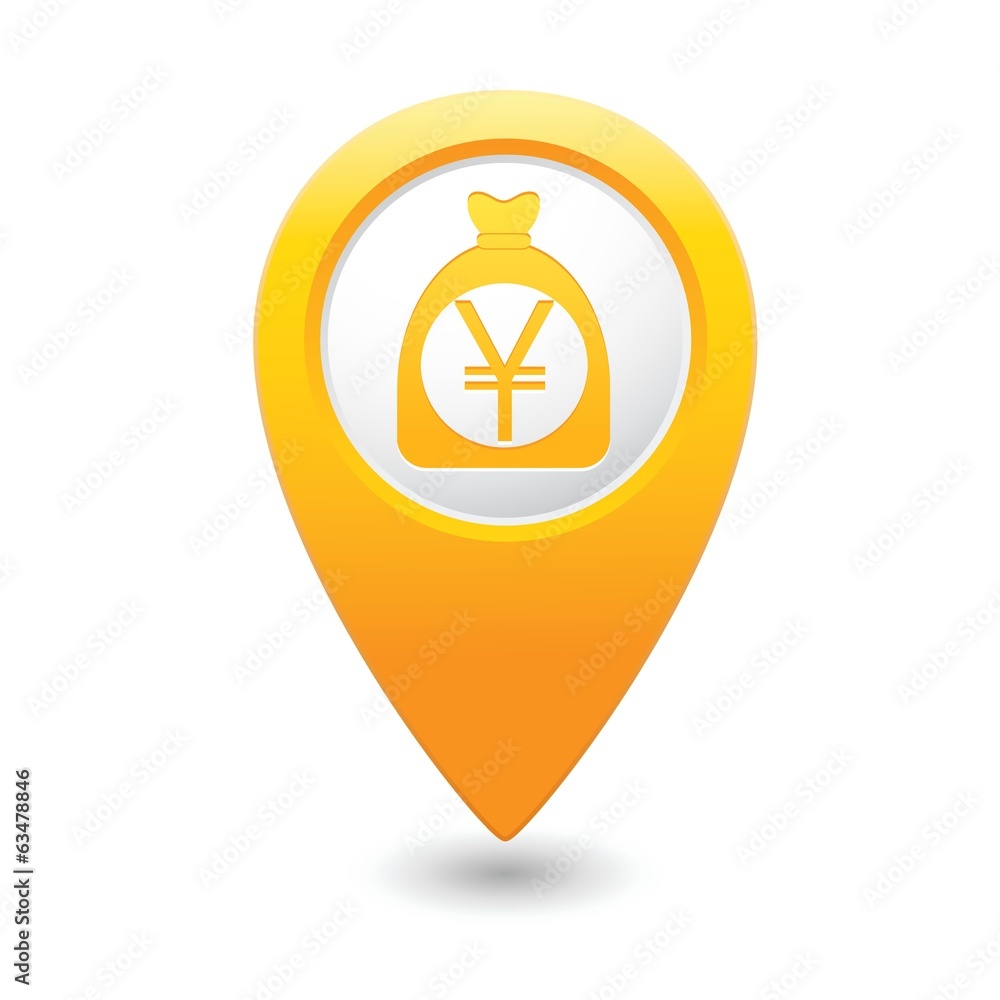 Money bag with yen sign on map pointer Money bag with yen sign on map pointer