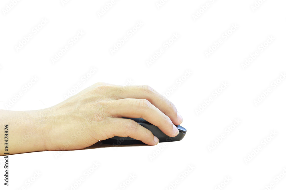 Computer Mouse, and hand close up on white background isolated Computer Mouse, and hand close up on white background isolated