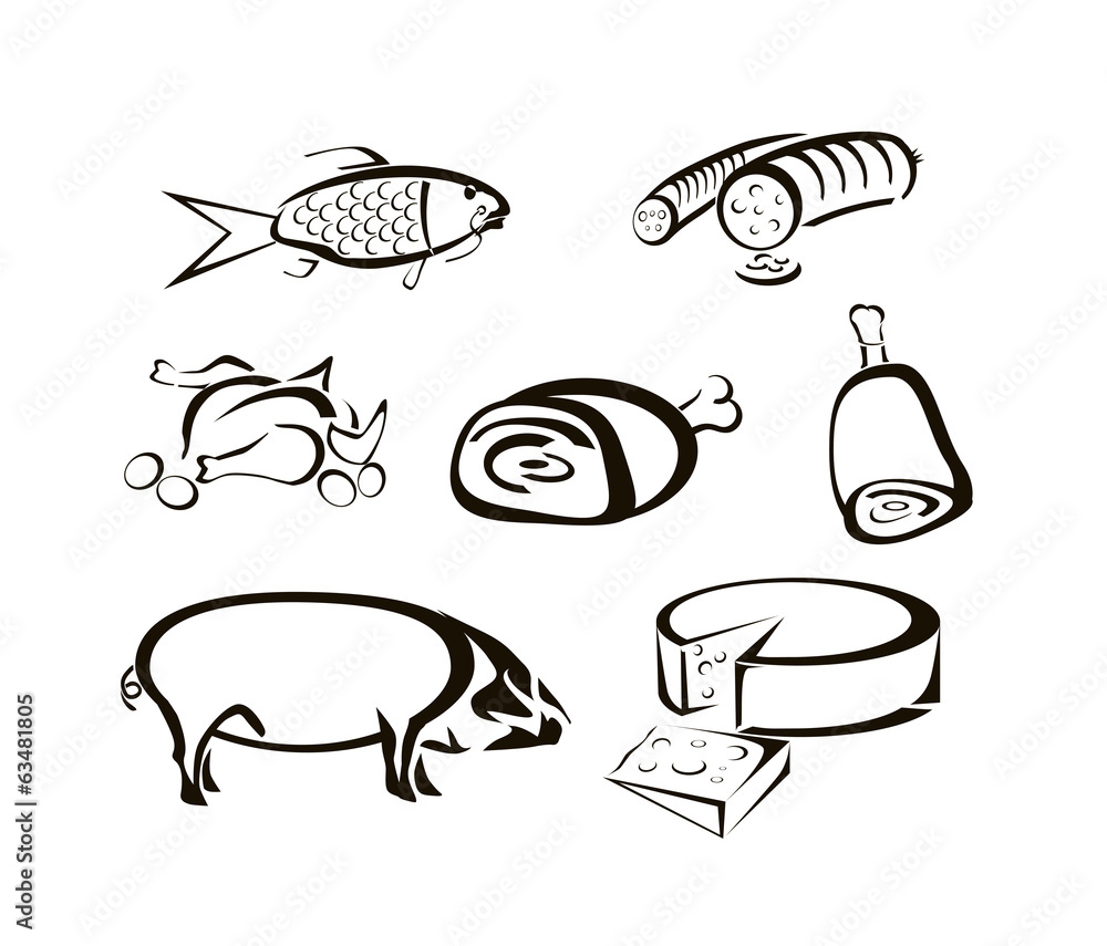 Vector icons of food, meats, cheeses