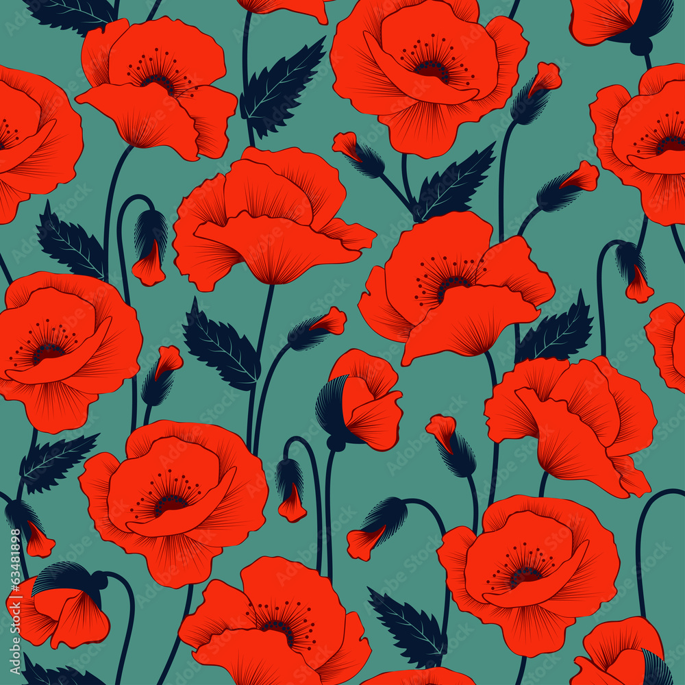 Foto auf Acrylglas mit Mohn nahtloses Muster #63481898
