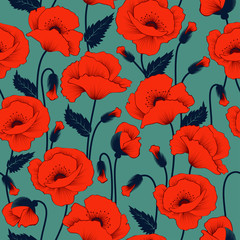 Fotobehang Rood patronen Klaprozen patroon rode zomerbloemen  © BellonaAhillia