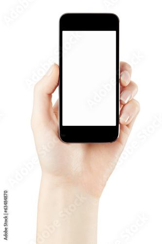 Smartphone in woman hand on white, clipping path