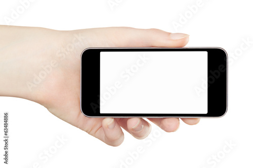 Female hand holding smartphone device on white, clipping path