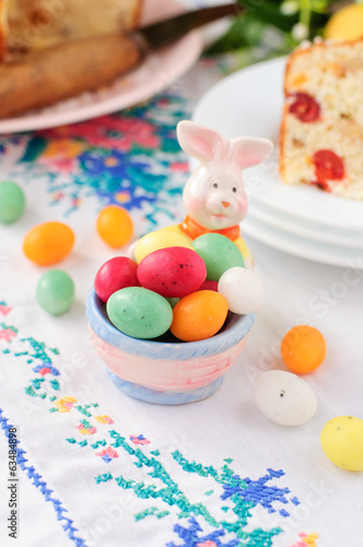 Easter Bunny Egg Holder Filled with Colorful Spotted Egg-Shaped