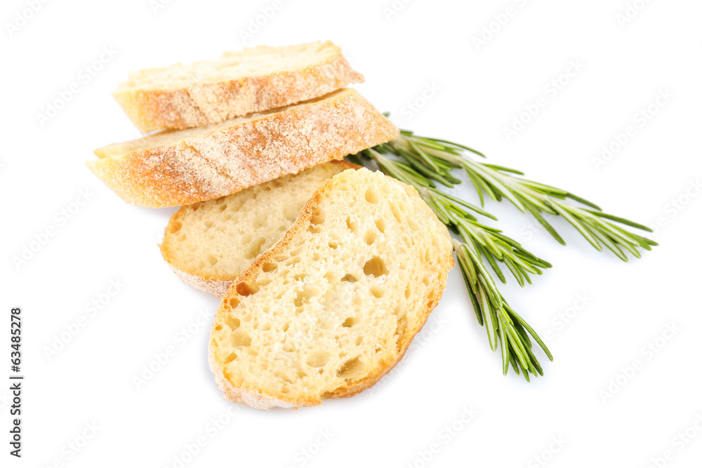 Fresh bread and rosemary isolated on white Fresh bread and rosemary isolated on white