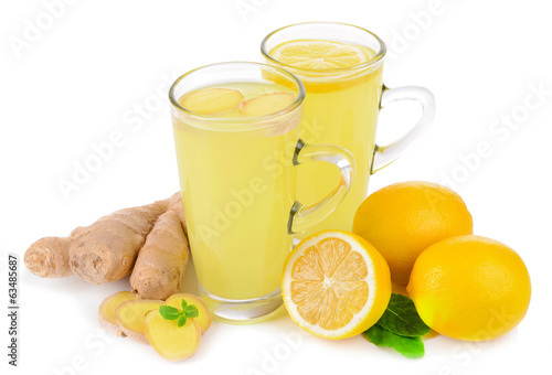 Healthy ginger tea with lemon and honey isolated on white