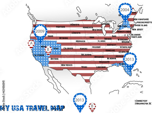 USA travel map with flag and states names