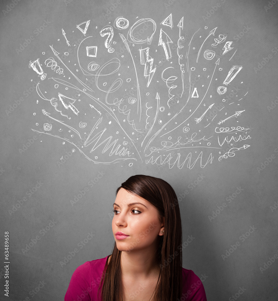 Young woman thinking with sketched arrows above her head Young woman thinking with sketched arrows above her head