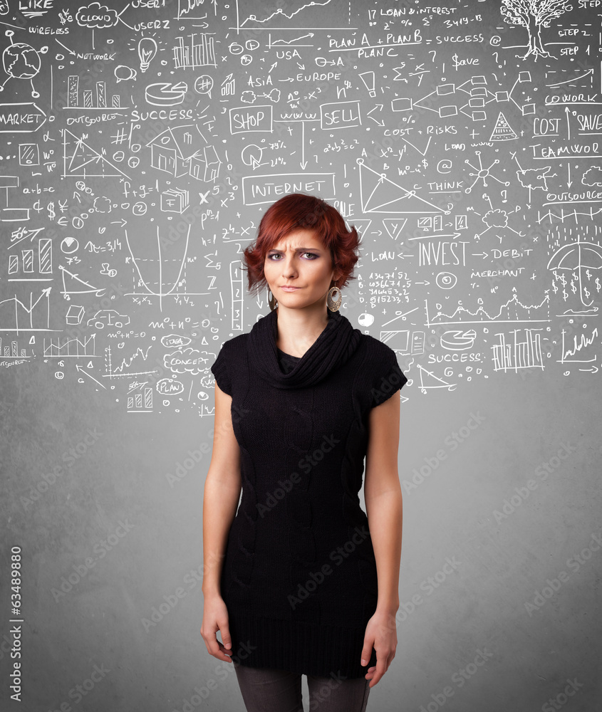 Young pretty lady with hand drawn calculations and icons Young pretty lady with hand drawn calculations and icons