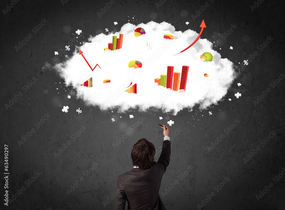 Businessman with charts in a cloud above his head Businessman with charts in a cloud above his head