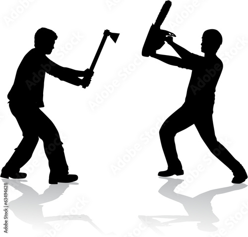 Lumberjack with a chain saw and ax