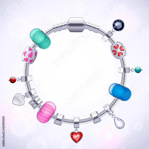 Silver charm bracelet with beads and pendants.