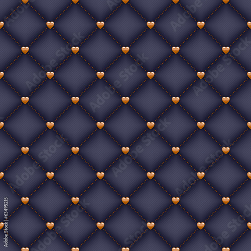 Seamless black quilted background with golden heart shaped pins.
