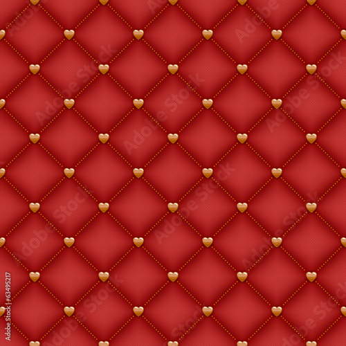 Seamless red quilted background with golden heart shaped pins.