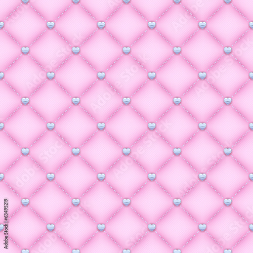 Seamless pink quilted background with silver heart shaped pins.