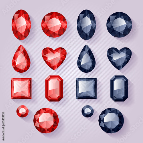 Set of realistic jewels. Colorful gemstones - red and black.