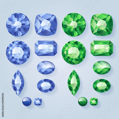 Set of realistic jewels. Colorful gemstones - blue and green.
