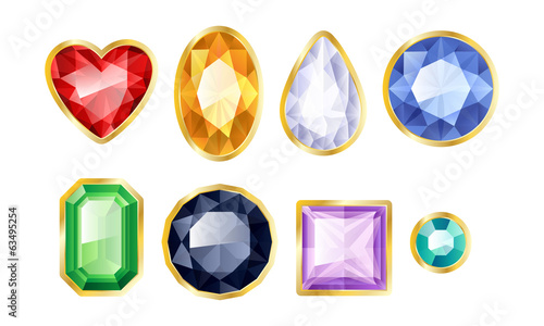 Set of realistic jewels. Colorful gemstones in golden framing.