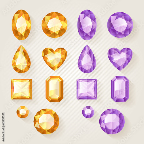 Set of realistic jewels. Colorful gemstones - orange and purple.
