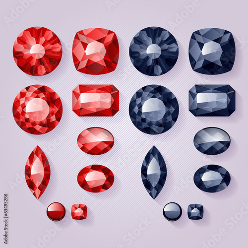 Set of realistic jewels. Colorful gemstones - red and black.
