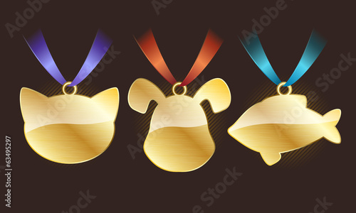 Set of glossy golden pet tags on ribbons.