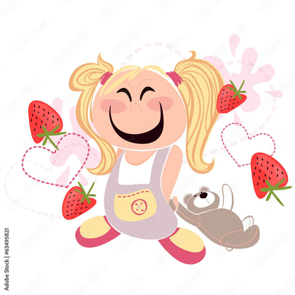 Fototapeta premium cute girl with bear on the yogurt and strawberry background