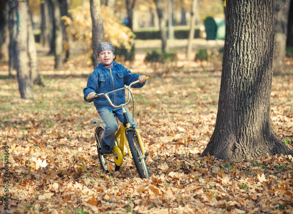 Obraz premium boy rides a bicycle in park