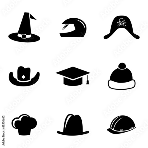 Vector black helmet and hat icons set
