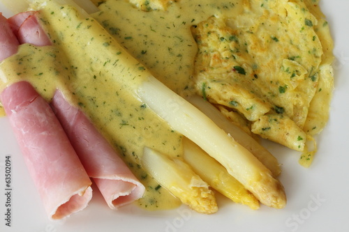 asparagus with bioled ham and pancake photo