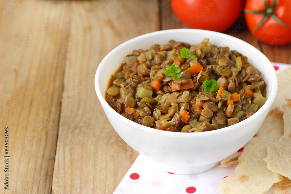 Vegan dinner - green lentils with vegetables Vegan dinner - green lentils with vegetables