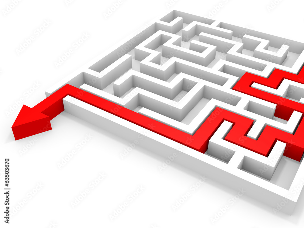 Arrow going through the maze. Right solution concept Arrow going through the maze. Right solution concept